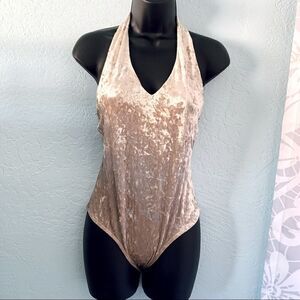 LA Hearts Champagne Crushed Velvet Halter Bodysuit Size XS